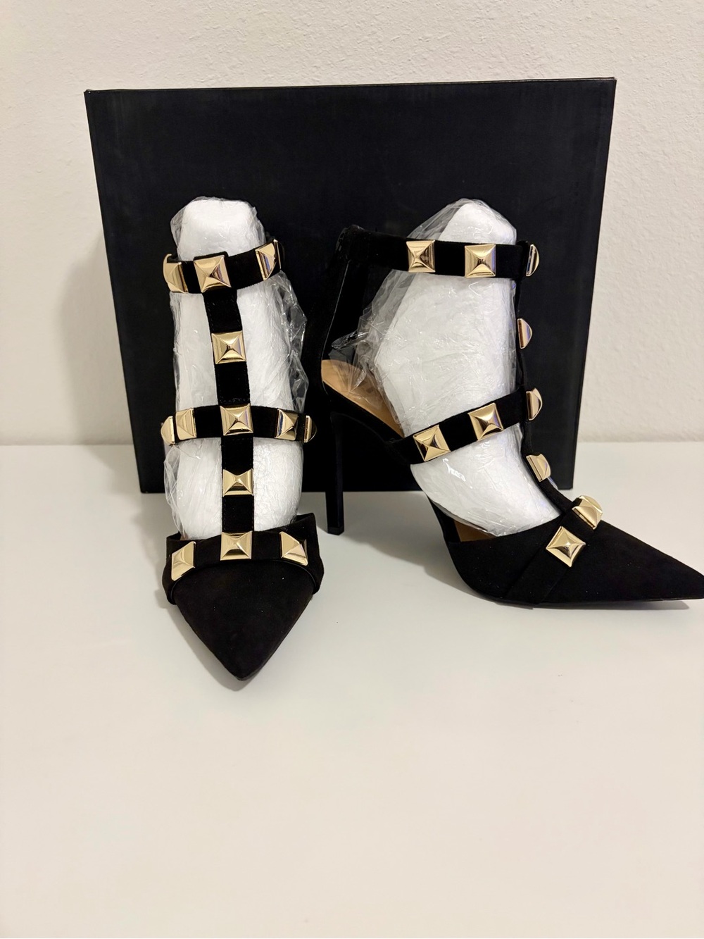 INC Syndiaf Black Suede Pointed T-Strap Heels with Gold Rockstuds